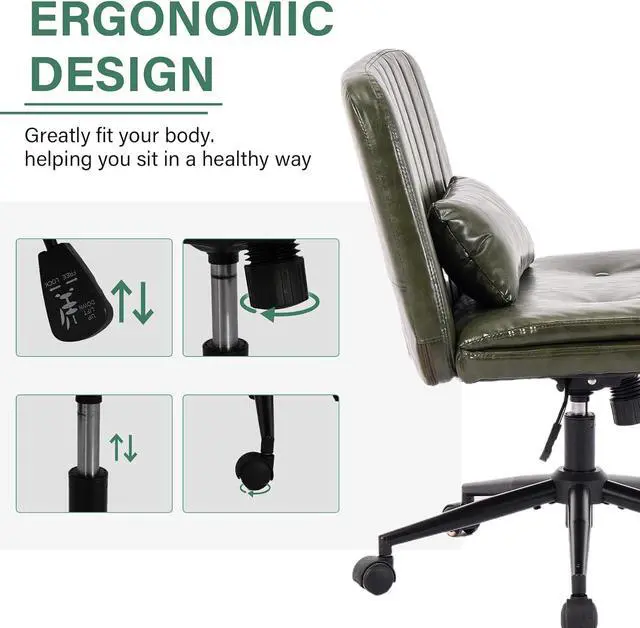 Alt view image 7 of 7 - Criss Cross Office Chair with Wheels, Armless Adjustable Swivel Chair with Wide Seat & Pillow, Ergonomic Desk Chair Computer Task Seating for Home Office, Makeup (Faux Leather, Green)