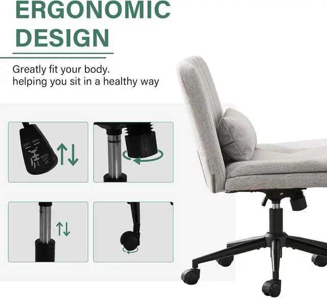 Alt view image 6 of 7 - Criss Cross Office Chair with Wheels, Armless Adjustable Swivel Chair with Wide Seat & Pillow, Ergonomic Desk Chair Computer Task Seating for Home Office, Makeup, Small Space (Linen, Grey)