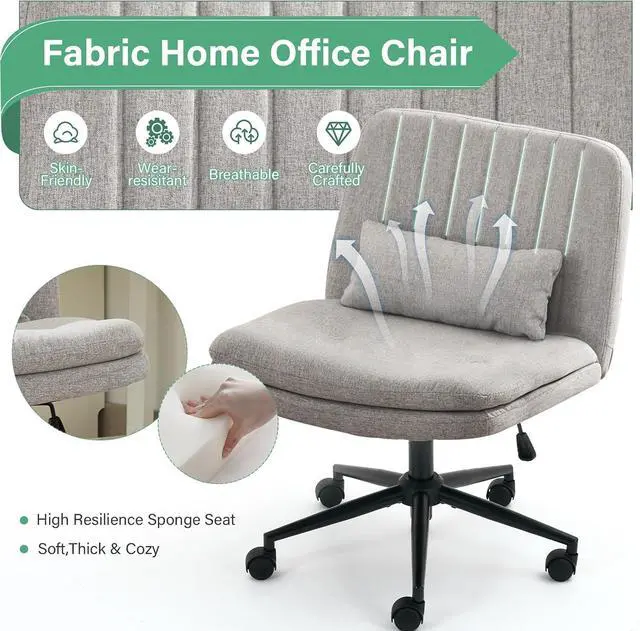 Alt view image 4 of 7 - Criss Cross Office Chair with Wheels, Armless Adjustable Swivel Chair with Wide Seat & Pillow, Ergonomic Desk Chair Computer Task Seating for Home Office, Makeup, Small Space (Linen, Grey)
