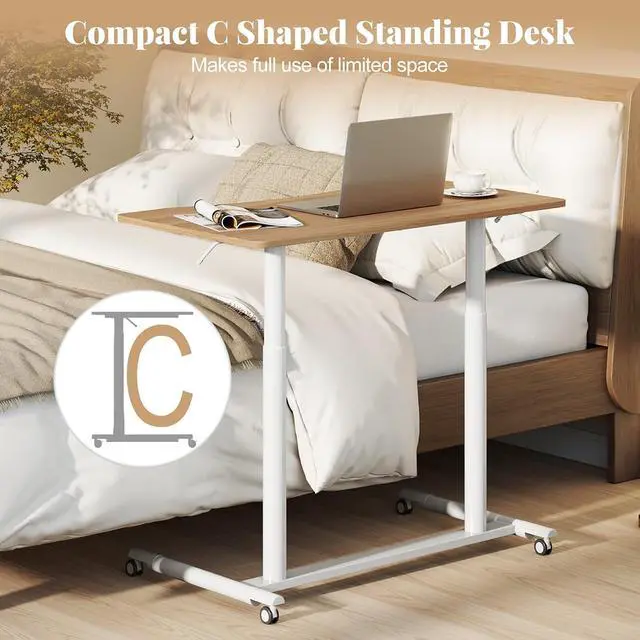 Alt view image 5 of 7 - Mobile Standing Desk, Height Adjustable Computer Desk with Wheels & Aluminum Frame, C Shaped Sofa Side Table, Portable Laptop PC Workstation, Compact Rolling Desk for Small Space (Natural)