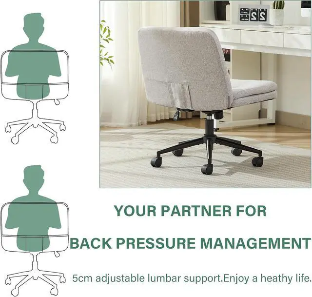 Alt view image 7 of 7 - Criss Cross Office Chair with Wheels, Armless Adjustable Swivel Chair with Wide Seat & Pillow, Ergonomic Desk Chair Computer Task Seating for Home Office, Makeup, Small Space (Linen, Grey)