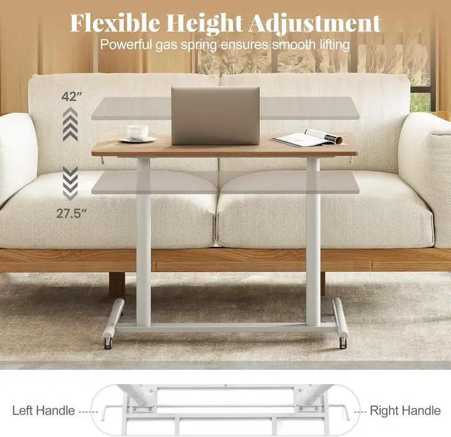 Alt view image 4 of 7 - Mobile Standing Desk, Height Adjustable Computer Desk with Wheels & Aluminum Frame, C Shaped Sofa Side Table, Portable Laptop PC Workstation, Compact Rolling Desk for Small Space (Natural)