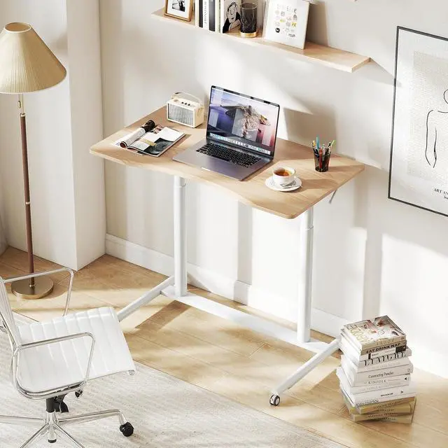 Alt view image 2 of 7 - Mobile Standing Desk, Height Adjustable Computer Desk with Wheels & Aluminum Frame, C Shaped Sofa Side Table, Portable Laptop PC Workstation, Compact Rolling Desk for Small Space (Natural)