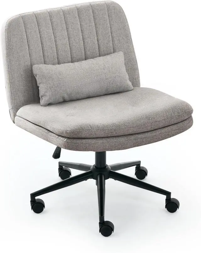 Alt view image 3 of 7 - Criss Cross Office Chair with Wheels, Armless Adjustable Swivel Chair with Wide Seat & Pillow, Ergonomic Desk Chair Computer Task Seating for Home Office, Makeup, Small Space (Linen, Grey)