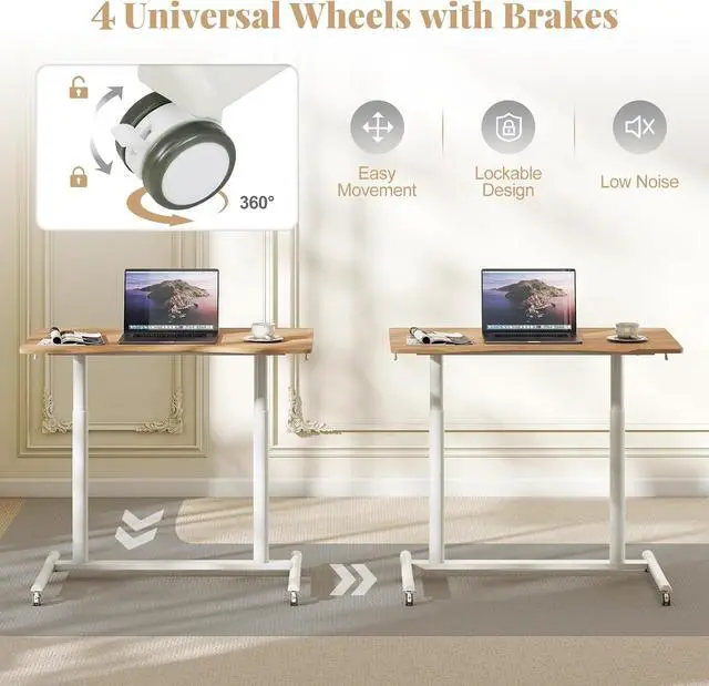 Alt view image 7 of 7 - Mobile Standing Desk, Height Adjustable Computer Desk with Wheels & Aluminum Frame, C Shaped Sofa Side Table, Portable Laptop PC Workstation, Compact Rolling Desk for Small Space (Natural)