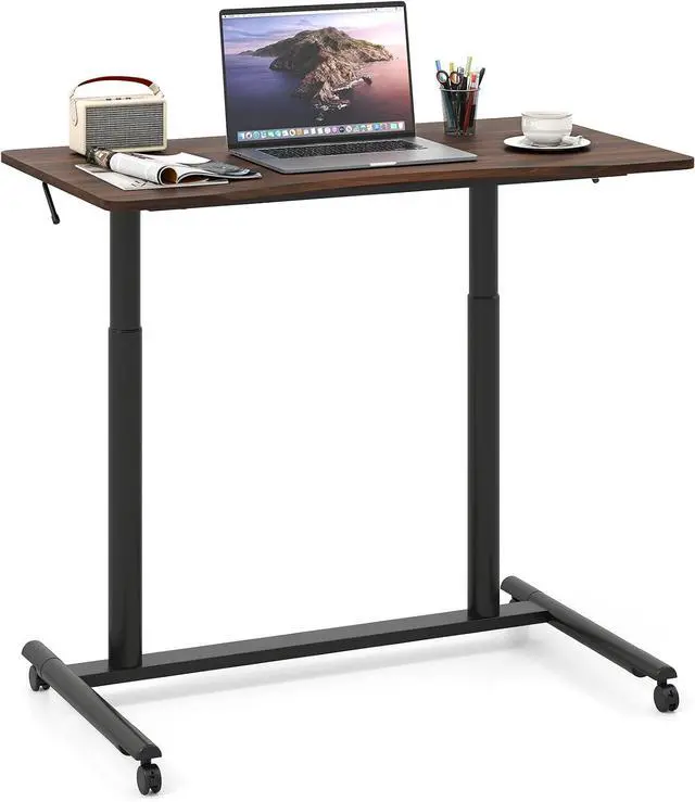 Main image of Mobile Standing Desk, Height Adjustable Computer Desk with Wheels & Aluminum Frame, C Shaped Sofa Side Table, Portable Laptop PC Workstation, Compact Rolling Desk for Small Space (Brown)
