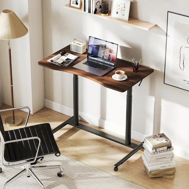 Alt view image 2 of 7 - Mobile Standing Desk, Height Adjustable Computer Desk with Wheels & Aluminum Frame, C Shaped Sofa Side Table, Portable Laptop PC Workstation, Compact Rolling Desk for Small Space (Brown)