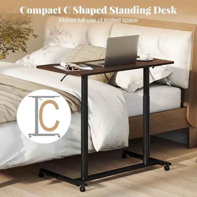 Alt view image 4 of 7 - Mobile Standing Desk, Height Adjustable Computer Desk with Wheels & Aluminum Frame, C Shaped Sofa Side Table, Portable Laptop PC Workstation, Compact Rolling Desk for Small Space (Brown)