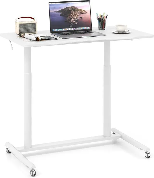 Main image of Mobile Standing Desk, Height Adjustable Computer Desk with Wheels & Aluminum Frame, C Shaped Sofa Side Table, Portable Laptop PC Workstation, Compact Rolling Desk for Small Space (White)