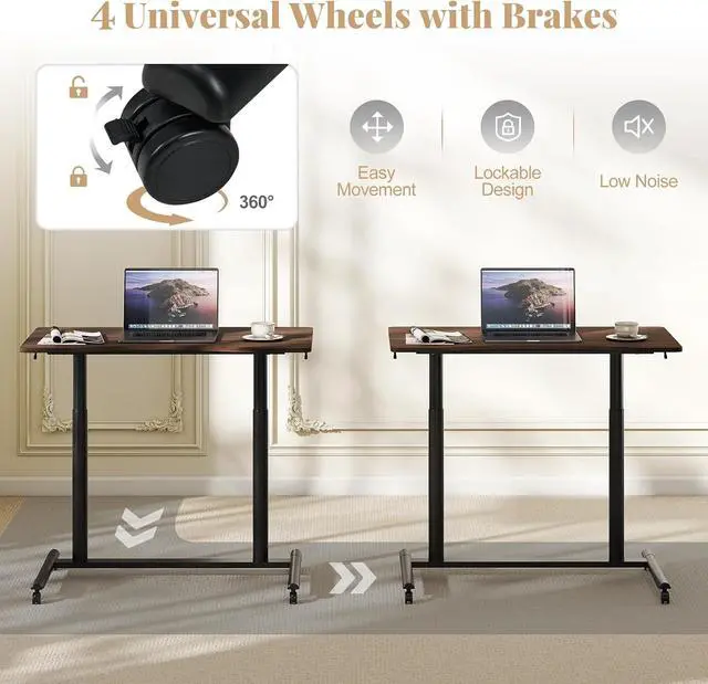 Alt view image 7 of 7 - Mobile Standing Desk, Height Adjustable Computer Desk with Wheels & Aluminum Frame, C Shaped Sofa Side Table, Portable Laptop PC Workstation, Compact Rolling Desk for Small Space (Brown)