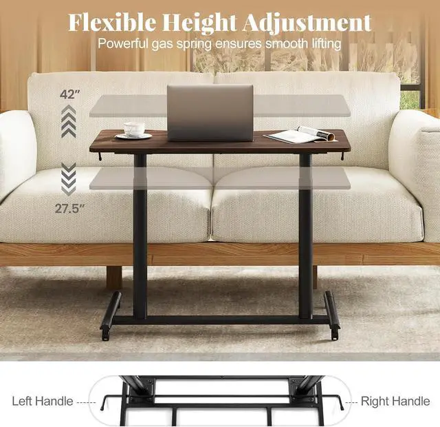 Alt view image 5 of 7 - Mobile Standing Desk, Height Adjustable Computer Desk with Wheels & Aluminum Frame, C Shaped Sofa Side Table, Portable Laptop PC Workstation, Compact Rolling Desk for Small Space (Brown)