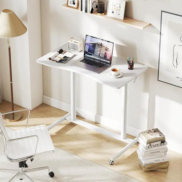 Alt view image 2 of 7 - Mobile Standing Desk, Height Adjustable Computer Desk with Wheels & Aluminum Frame, C Shaped Sofa Side Table, Portable Laptop PC Workstation, Compact Rolling Desk for Small Space (White)