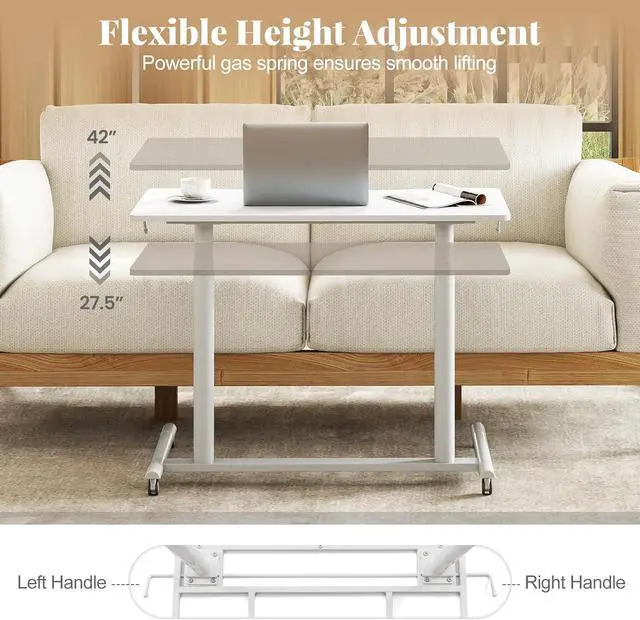 Alt view image 4 of 7 - Mobile Standing Desk, Height Adjustable Computer Desk with Wheels & Aluminum Frame, C Shaped Sofa Side Table, Portable Laptop PC Workstation, Compact Rolling Desk for Small Space (White)
