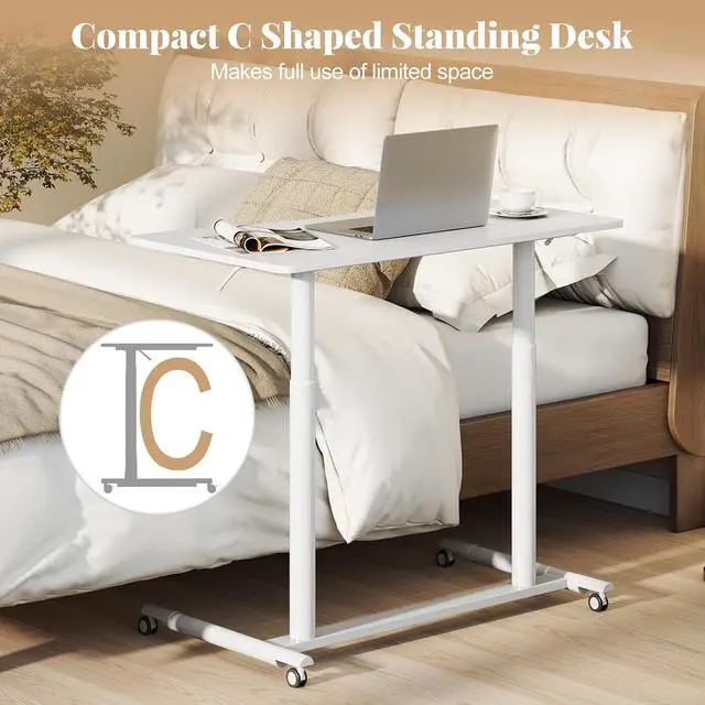 Alt view image 5 of 7 - Mobile Standing Desk, Height Adjustable Computer Desk with Wheels & Aluminum Frame, C Shaped Sofa Side Table, Portable Laptop PC Workstation, Compact Rolling Desk for Small Space (White)