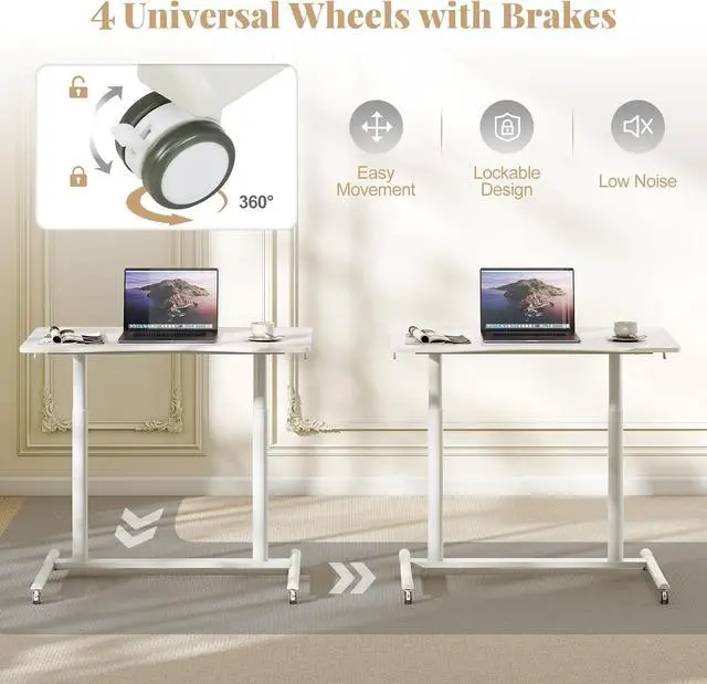 Alt view image 7 of 7 - Mobile Standing Desk, Height Adjustable Computer Desk with Wheels & Aluminum Frame, C Shaped Sofa Side Table, Portable Laptop PC Workstation, Compact Rolling Desk for Small Space (White)