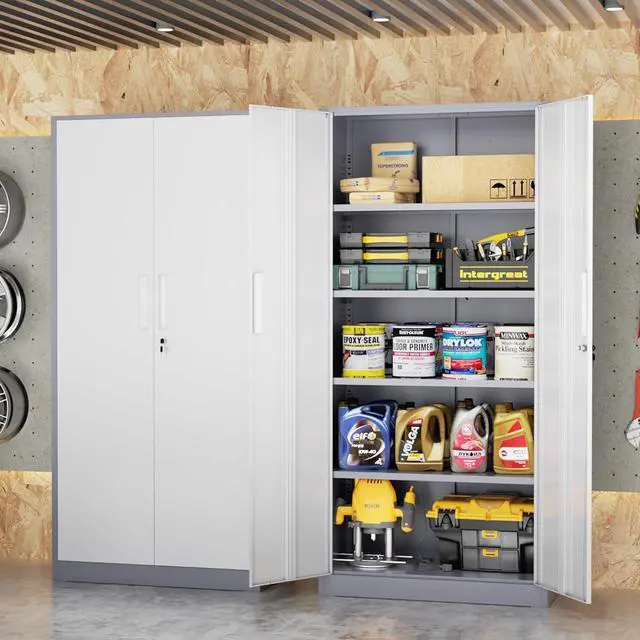 Alt view image 2 of 7 - Storage Cabinet, 72 Steel Locking Closet with Doors and 4 Adjustable Shelves, Tool Unit for Home Office, Garage & Tall Lockable File Cabinet, Grey White