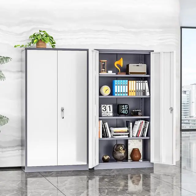 Alt view image 2 of 7 - Metal Garage Storage Cabinet, Black Lockable File Cabinet with 2 Doors and 4 Adjustable Shelves, Tall Steel Tool Cabinets for Office, Home, Garage, School, Gym