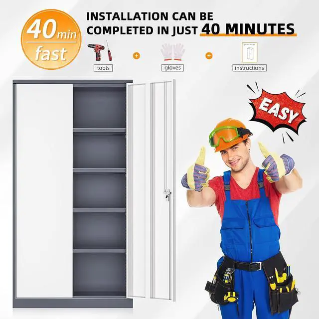 Alt view image 7 of 7 - Metal Garage Storage Cabinet, Black Lockable File Cabinet with 2 Doors and 4 Adjustable Shelves, Tall Steel Tool Cabinets for Office, Home, Garage, School, Gym