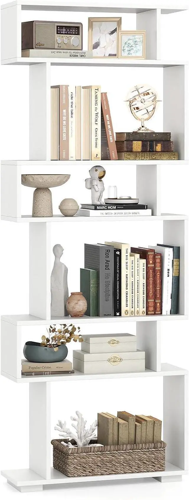 Main image of 6-Tier Storage Bookshelf, Tall Display Shelf with Anti-toppling Kits, Decorative Room Divider, S-Shaped Geometric Bookcase for Study, Living Room, Office (1,White)