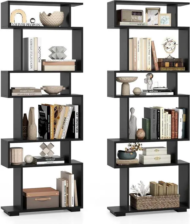 Main image of 6-Tier Storage Bookshelf Set of 2, Tall Display Shelf with Anti-toppling Kits, Decorative Room Divider, S-Shaped Geometric Bookcase for Study, Living Room, Office (2,Black)