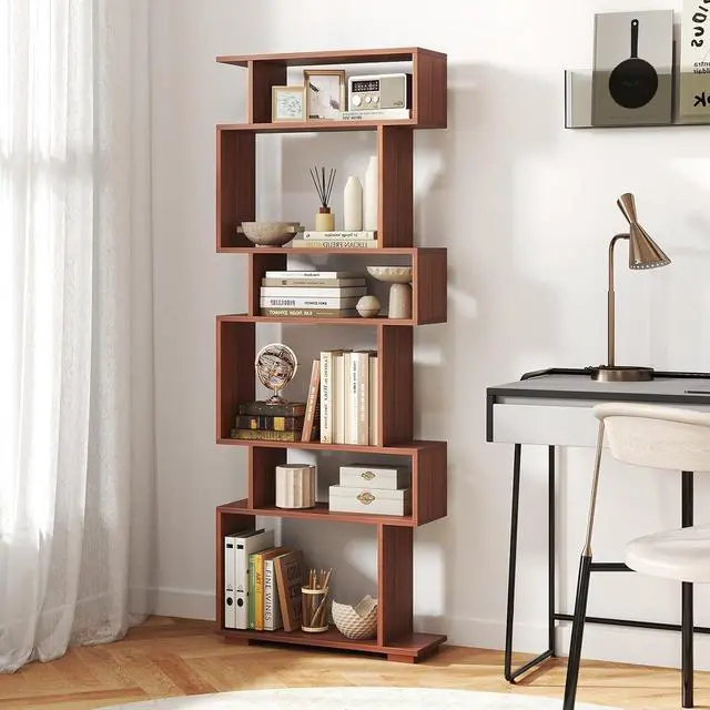 Alt view image 2 of 7 - 6-Tier Storage Bookshelf, Tall Display Shelf with Anti-toppling Kits, Decorative Room Divider, S-Shaped Geometric Bookcase for Study, Living Room, Office (1,Walnut)