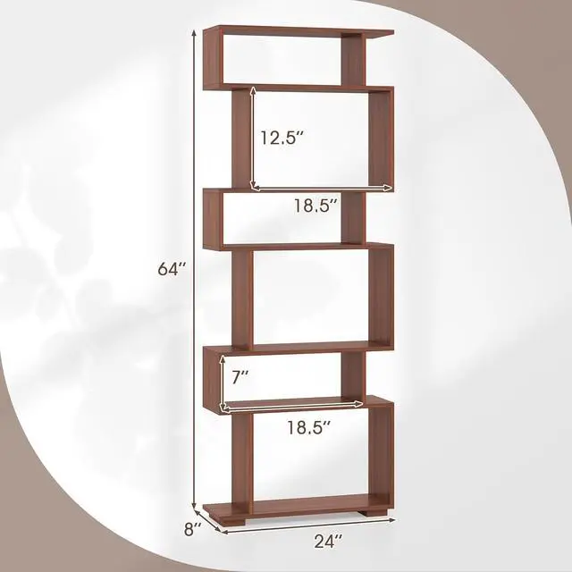 Alt view image 3 of 7 - 6-Tier Storage Bookshelf, Tall Display Shelf with Anti-toppling Kits, Decorative Room Divider, S-Shaped Geometric Bookcase for Study, Living Room, Office (1,Walnut)