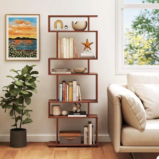 Alt view image 4 of 7 - 6-Tier Storage Bookshelf, Tall Display Shelf with Anti-toppling Kits, Decorative Room Divider, S-Shaped Geometric Bookcase for Study, Living Room, Office (1,Walnut)