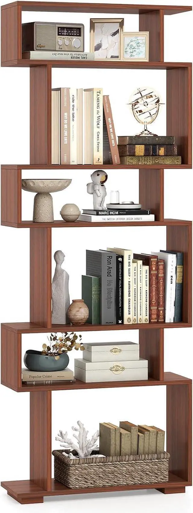 Main image of 6-Tier Storage Bookshelf, Tall Display Shelf with Anti-toppling Kits, Decorative Room Divider, S-Shaped Geometric Bookcase for Study, Living Room, Office (1,Walnut)