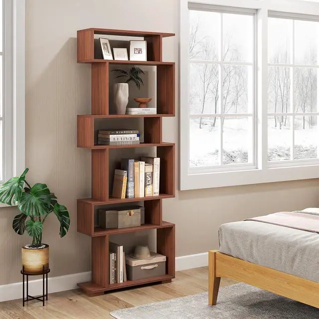 Alt view image 5 of 7 - 6-Tier Storage Bookshelf, Tall Display Shelf with Anti-toppling Kits, Decorative Room Divider, S-Shaped Geometric Bookcase for Study, Living Room, Office (1,Walnut)