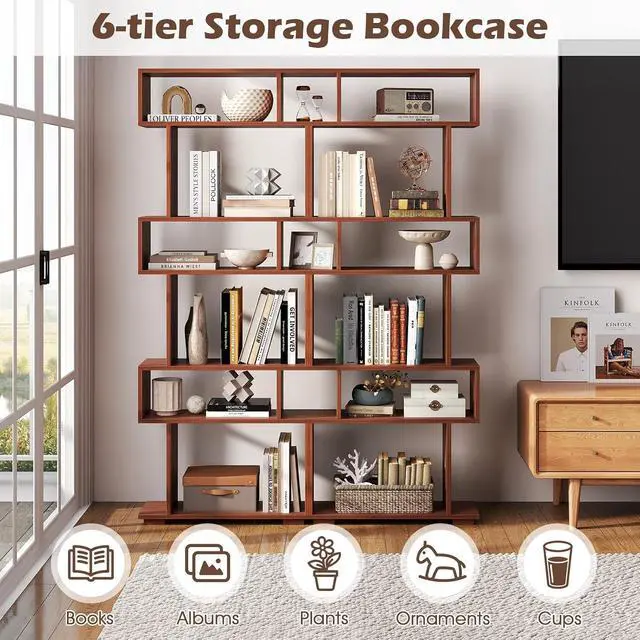 Alt view image 6 of 7 - 6-Tier Storage Bookshelf, Tall Display Shelf with Anti-toppling Kits, Decorative Room Divider, S-Shaped Geometric Bookcase for Study, Living Room, Office (1,Walnut)