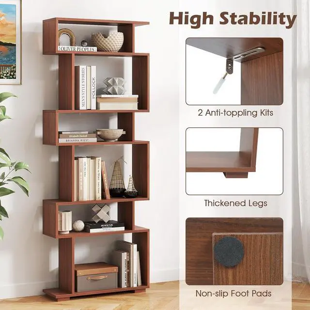 Alt view image 7 of 7 - 6-Tier Storage Bookshelf, Tall Display Shelf with Anti-toppling Kits, Decorative Room Divider, S-Shaped Geometric Bookcase for Study, Living Room, Office (1,Walnut)