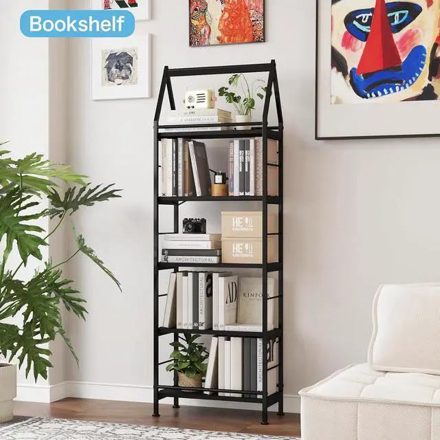 Alt view image 2 of 7 - Industrial 5-Tier Bookshelf Black Metal Frame Storage Rack, 24" Wide | Freestanding Shelf, Display Shelves for Plants, Books, Decor, Open Shelving Unit for Living Room, Bedroom, Bathroom, Kitchen