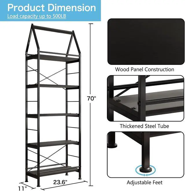 Alt view image 3 of 7 - Industrial 5-Tier Bookshelf Black Metal Frame Storage Rack, 24" Wide | Freestanding Shelf, Display Shelves for Plants, Books, Decor, Open Shelving Unit for Living Room, Bedroom, Bathroom, Kitchen