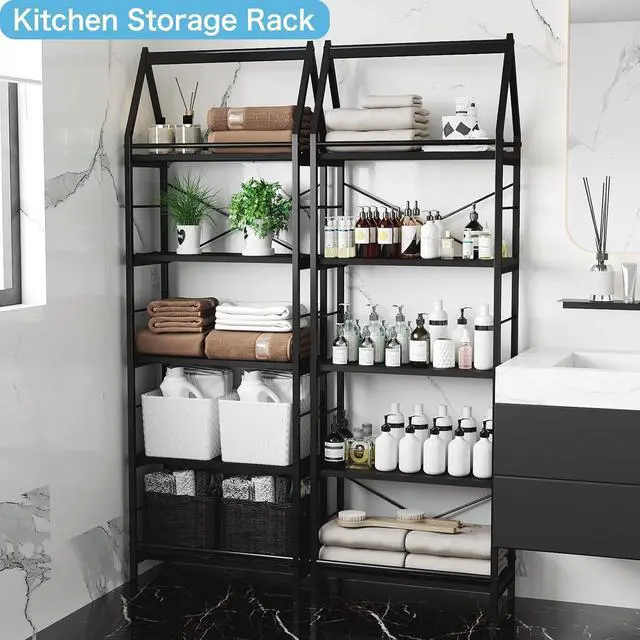 Alt view image 5 of 7 - Industrial 5-Tier Bookshelf Black Metal Frame Storage Rack, 24" Wide | Freestanding Shelf, Display Shelves for Plants, Books, Decor, Open Shelving Unit for Living Room, Bedroom, Bathroom, Kitchen