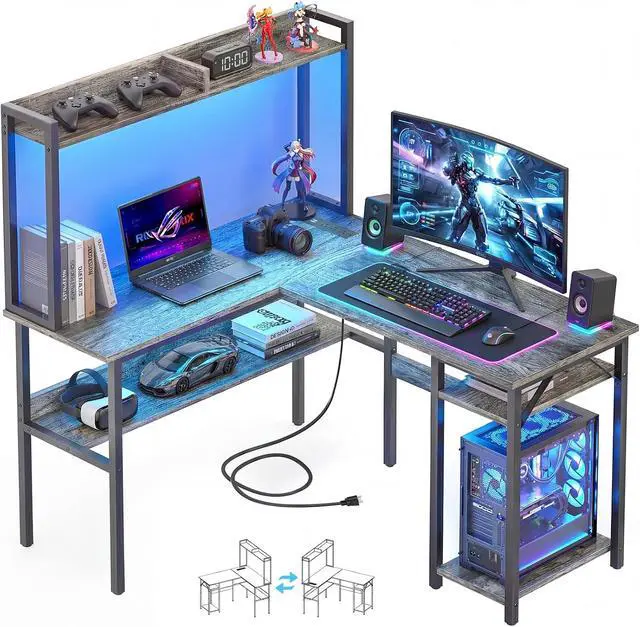 Alt view image 3 of 7 - Gaming Desk L Shaped, Corner PC Computer Desk with Hutch,RGB LED Lights,Power Outlet,Storage Shelves, 47.2" Reversible Large Surface Table for Bedroom Home Office