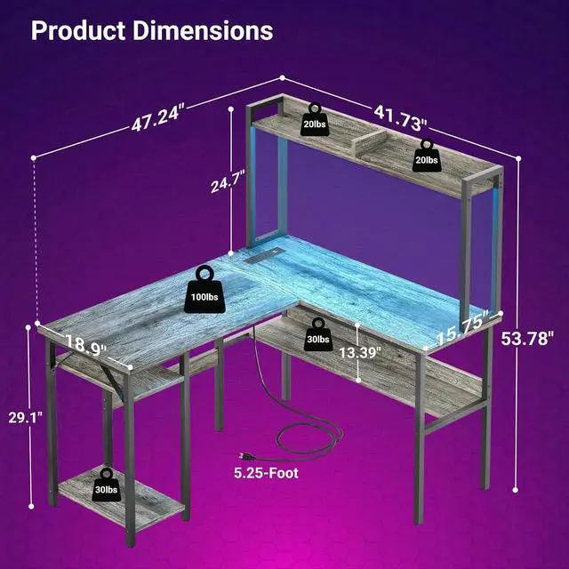 Alt view image 2 of 7 - Gaming Desk L Shaped, Corner PC Computer Desk with Hutch,RGB LED Lights,Power Outlet,Storage Shelves, 47.2" Reversible Large Surface Table for Bedroom Home Office