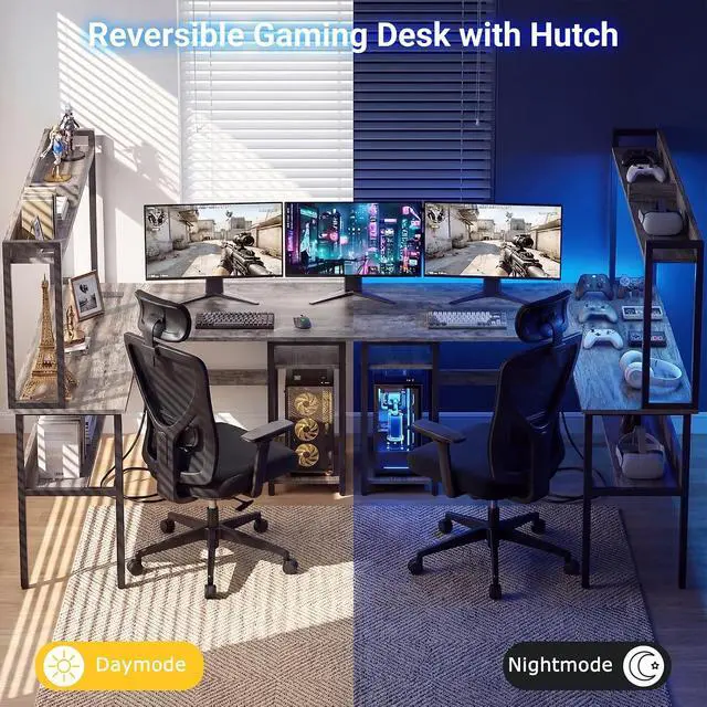 Alt view image 4 of 7 - Gaming Desk L Shaped, Corner PC Computer Desk with Hutch,RGB LED Lights,Power Outlet,Storage Shelves, 47.2" Reversible Large Surface Table for Bedroom Home Office