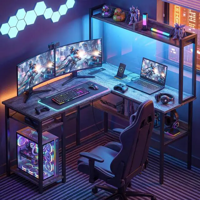 Main image of Gaming Desk L Shaped, Corner PC Computer Desk with Hutch,RGB LED Lights,Power Outlet,Storage Shelves, 47.2" Reversible Large Surface Table for Bedroom Home Office