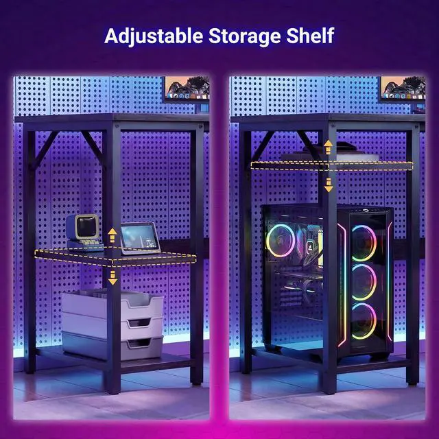 Alt view image 6 of 7 - Gaming Desk L Shaped, Corner PC Computer Desk with Hutch,RGB LED Lights,Power Outlet,Storage Shelves, 47.2" Reversible Large Surface Table for Bedroom Home Office