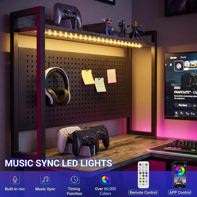 Alt view image 5 of 7 - Gaming Desk L Shaped, Corner PC Computer Desk with Hutch,RGB LED Lights,Power Outlet,Storage Shelves, 47.2" Reversible Large Surface Table for Bedroom Home Office