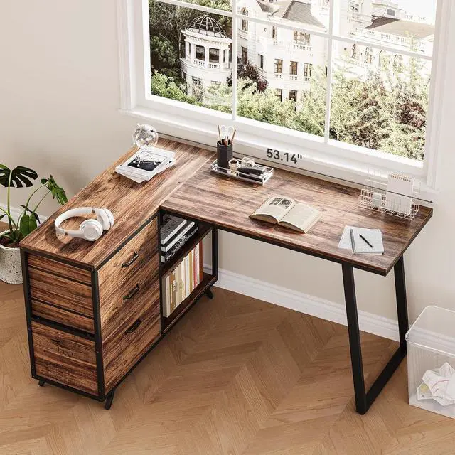 Alt view image 2 of 7 - Reversible 53-inch L Shaped Desk with 3 Drawer, Farmhouse Corner Desk Gaming Table with Shelves and File Cabinet for Letter Size & Legal Size File for Home Office and Small Space, Brown