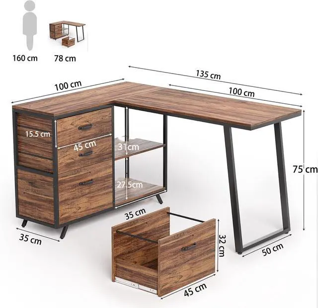 Alt view image 3 of 7 - Reversible 53-inch L Shaped Desk with 3 Drawer, Farmhouse Corner Desk Gaming Table with Shelves and File Cabinet for Letter Size & Legal Size File for Home Office and Small Space, Brown