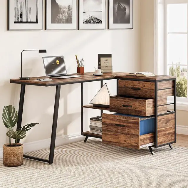Alt view image 4 of 7 - Reversible 53-inch L Shaped Desk with 3 Drawer, Farmhouse Corner Desk Gaming Table with Shelves and File Cabinet for Letter Size & Legal Size File for Home Office and Small Space, Brown