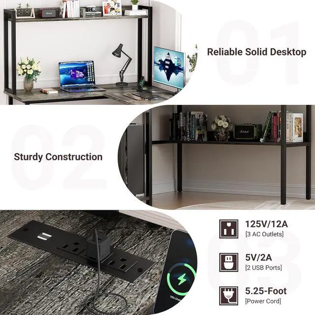 Alt view image 7 of 7 - Gaming Desk L Shaped, Corner PC Computer Desk with Hutch,RGB LED Lights,Power Outlet,Storage Shelves, 47.2" Reversible Large Surface Table for Bedroom Home Office