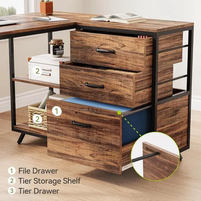 Alt view image 7 of 7 - Reversible 53-inch L Shaped Desk with 3 Drawer, Farmhouse Corner Desk Gaming Table with Shelves and File Cabinet for Letter Size & Legal Size File for Home Office and Small Space, Brown