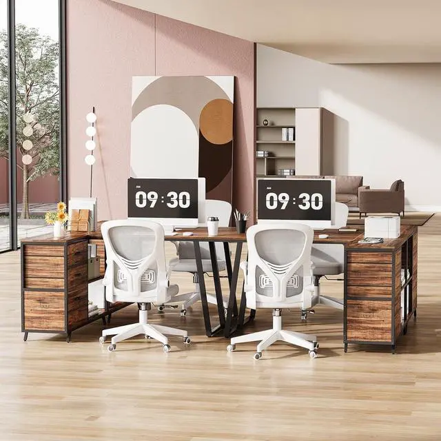 Alt view image 6 of 7 - Reversible 53-inch L Shaped Desk with 3 Drawer, Farmhouse Corner Desk Gaming Table with Shelves and File Cabinet for Letter Size & Legal Size File for Home Office and Small Space, Brown