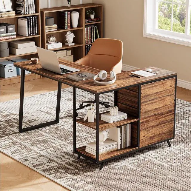 Alt view image 5 of 7 - Reversible 53-inch L Shaped Desk with 3 Drawer, Farmhouse Corner Desk Gaming Table with Shelves and File Cabinet for Letter Size & Legal Size File for Home Office and Small Space, Brown