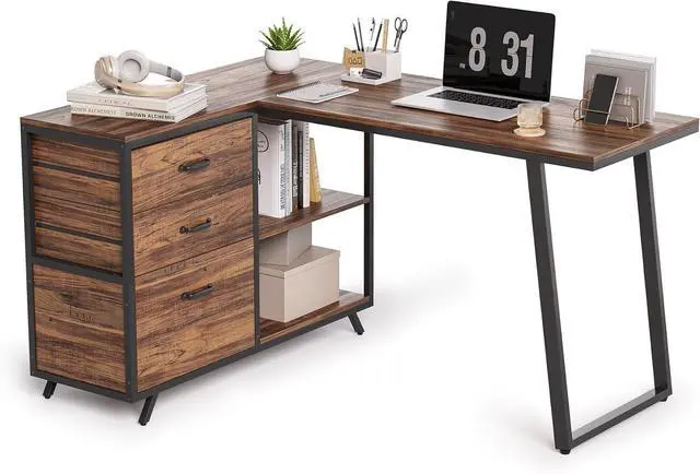 Main image of Reversible 53-inch L Shaped Desk with 3 Drawer, Farmhouse Corner Desk Gaming Table with Shelves and File Cabinet for Letter Size & Legal Size File for Home Office and Small Space, Brown