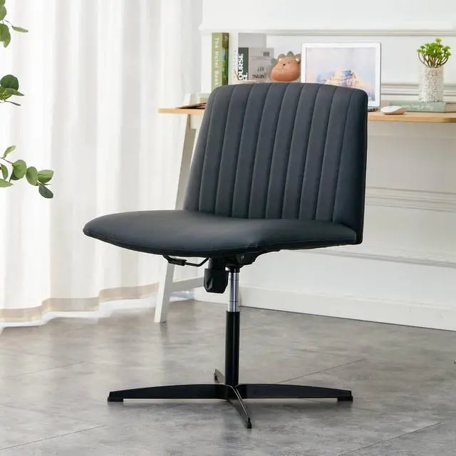 Alt view image 3 of 7 - Upholster Armless Home Office Desk Chair, Ergonomic Vanity Chair No Wheels, Ergonomic Computer Modern Swivel Computer Chair with Wide Seat for Office, Home (Black+PU Leather)