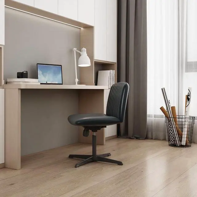 Alt view image 4 of 7 - Upholster Armless Home Office Desk Chair, Ergonomic Vanity Chair No Wheels, Ergonomic Computer Modern Swivel Computer Chair with Wide Seat for Office, Home (Black+PU Leather)